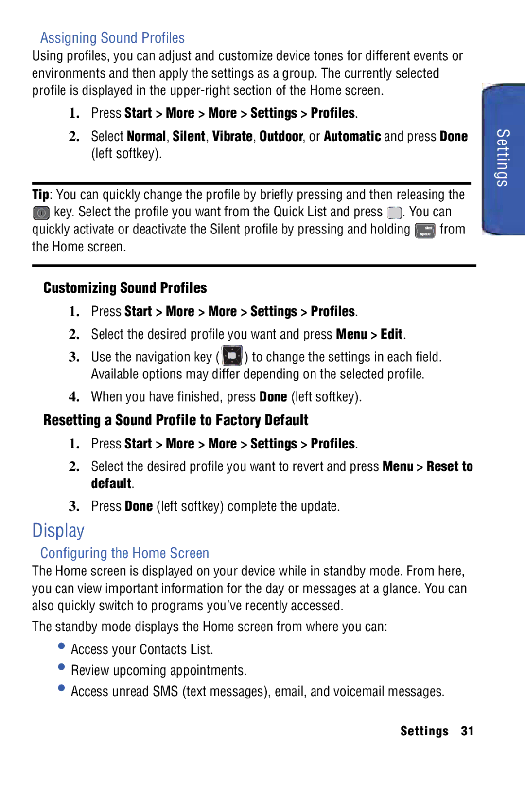 Samsung SPH-I325 manual Display, Assigning Sound Profiles, Customizing Sound Profiles, Configuring the Home Screen 