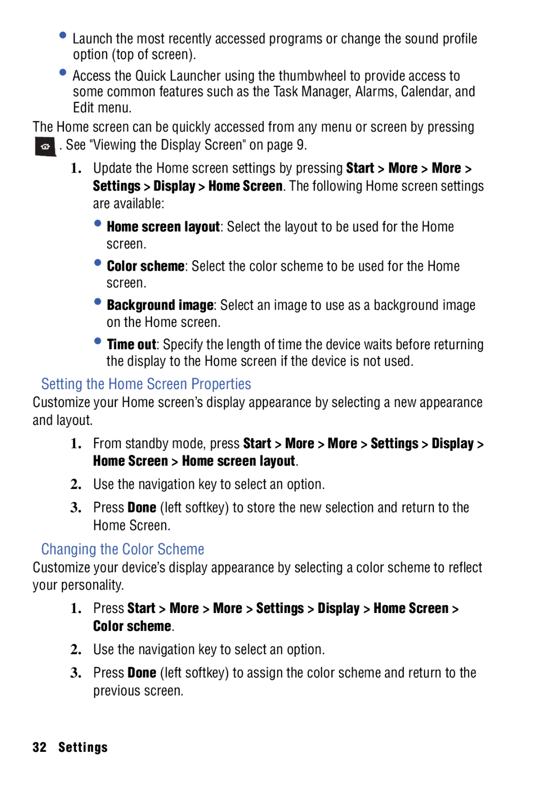 Samsung SPH-I325 manual Setting the Home Screen Properties, Changing the Color Scheme 