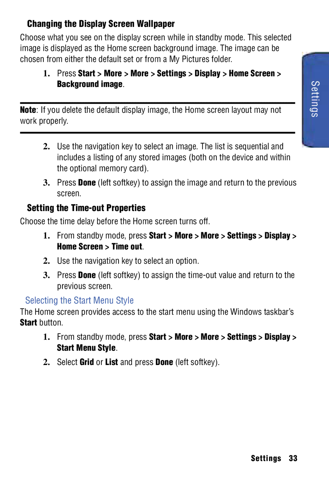 Samsung SPH-I325 Changing the Display Screen Wallpaper, Setting the Time-out Properties, Selecting the Start Menu Style 