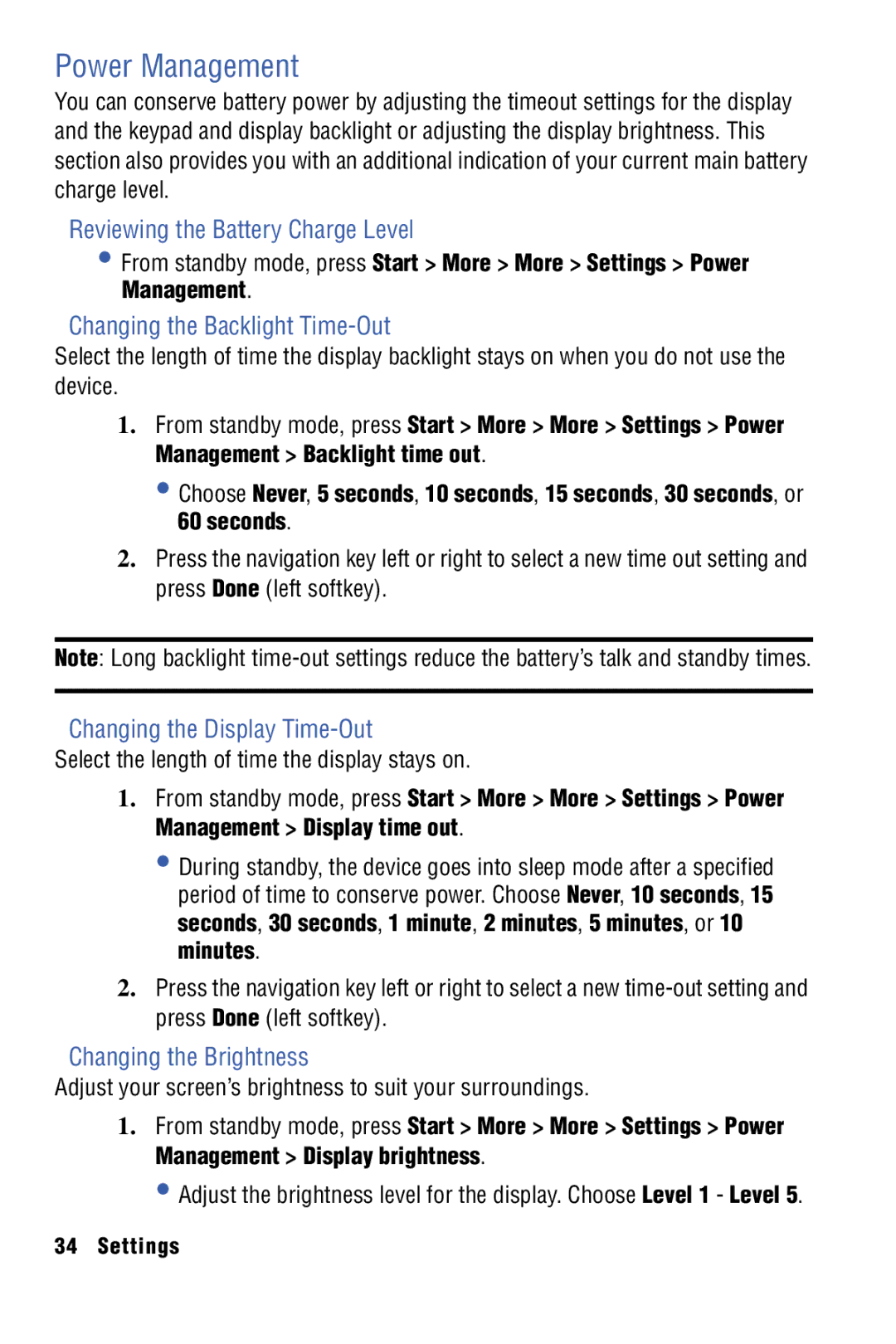 Samsung SPH-I325 manual Power Management, Reviewing the Battery Charge Level, Changing the Backlight Time-Out 