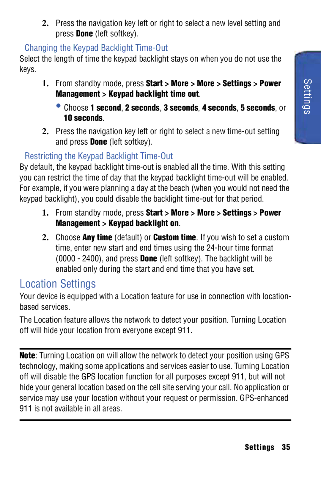 Samsung SPH-I325 Location Settings, Changing the Keypad Backlight Time-Out, Restricting the Keypad Backlight Time-Out 