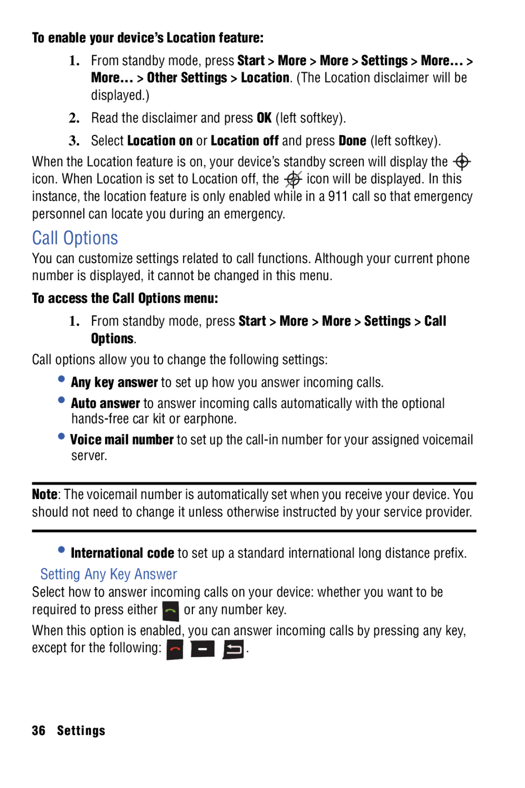 Samsung SPH-I325 manual Setting Any Key Answer, To access the Call Options menu, Except for the following 