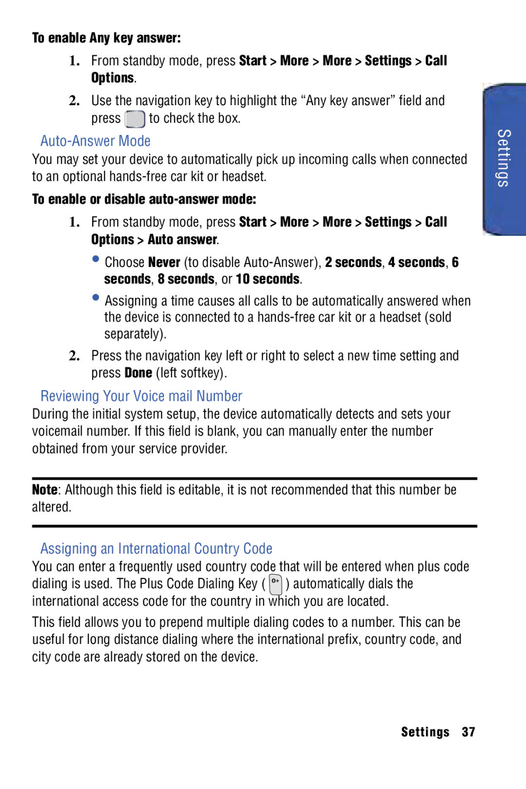 Samsung SPH-I325 manual Auto-Answer Mode, Reviewing Your Voice mail Number, Assigning an International Country Code 