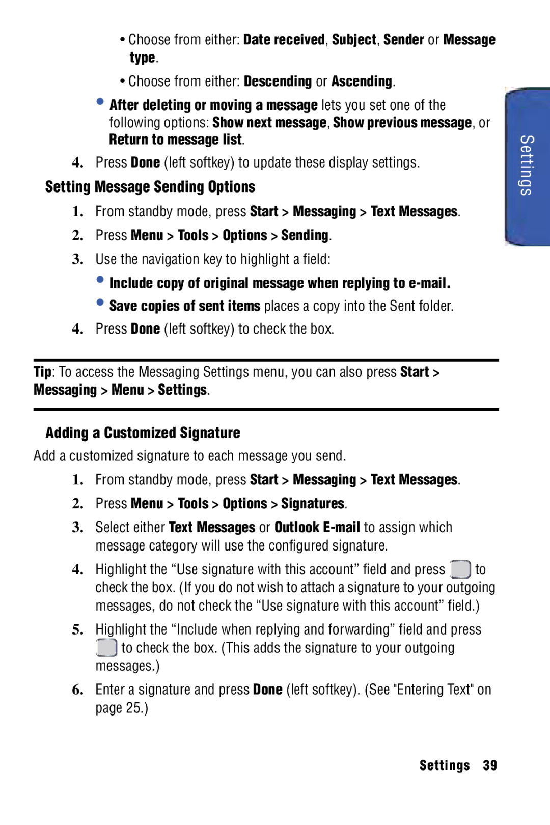 Samsung SPH-I325 manual Setting Message Sending Options, Adding a Customized Signature 