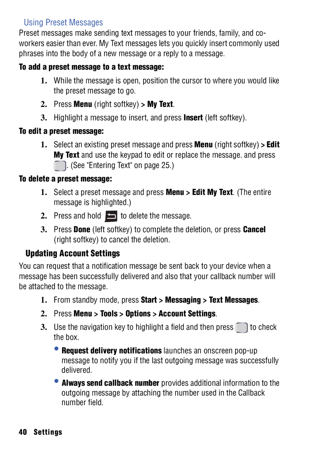 Samsung SPH-I325 manual Using Preset Messages, Updating Account Settings, To add a preset message to a text message 