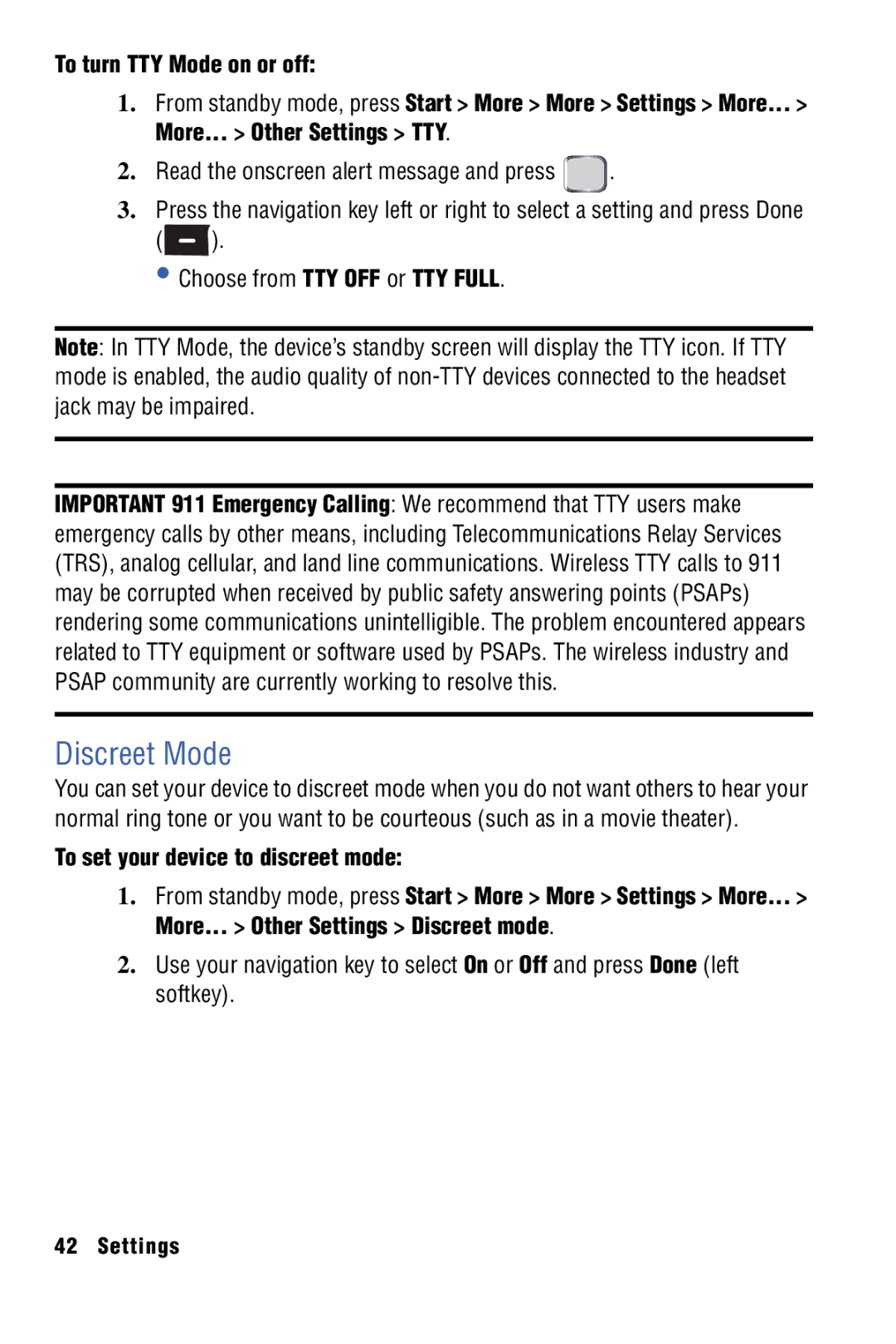 Samsung SPH-I325 manual Discreet Mode, Read the onscreen alert message and press, Choose from TTY OFF or TTY Full 