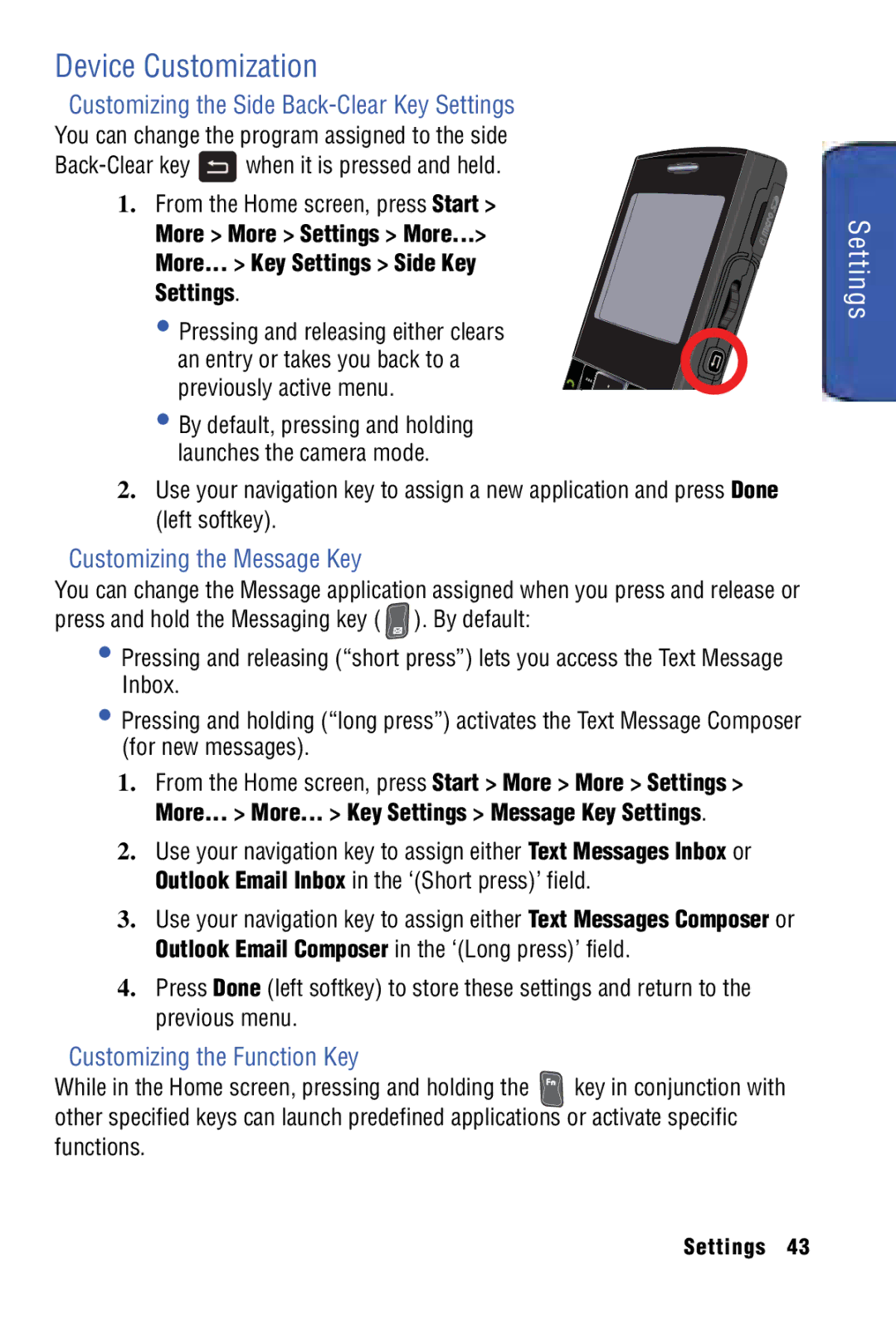 Samsung SPH-I325 manual Device Customization, Customizing the Side Back-Clear Key Settings, Customizing the Message Key 