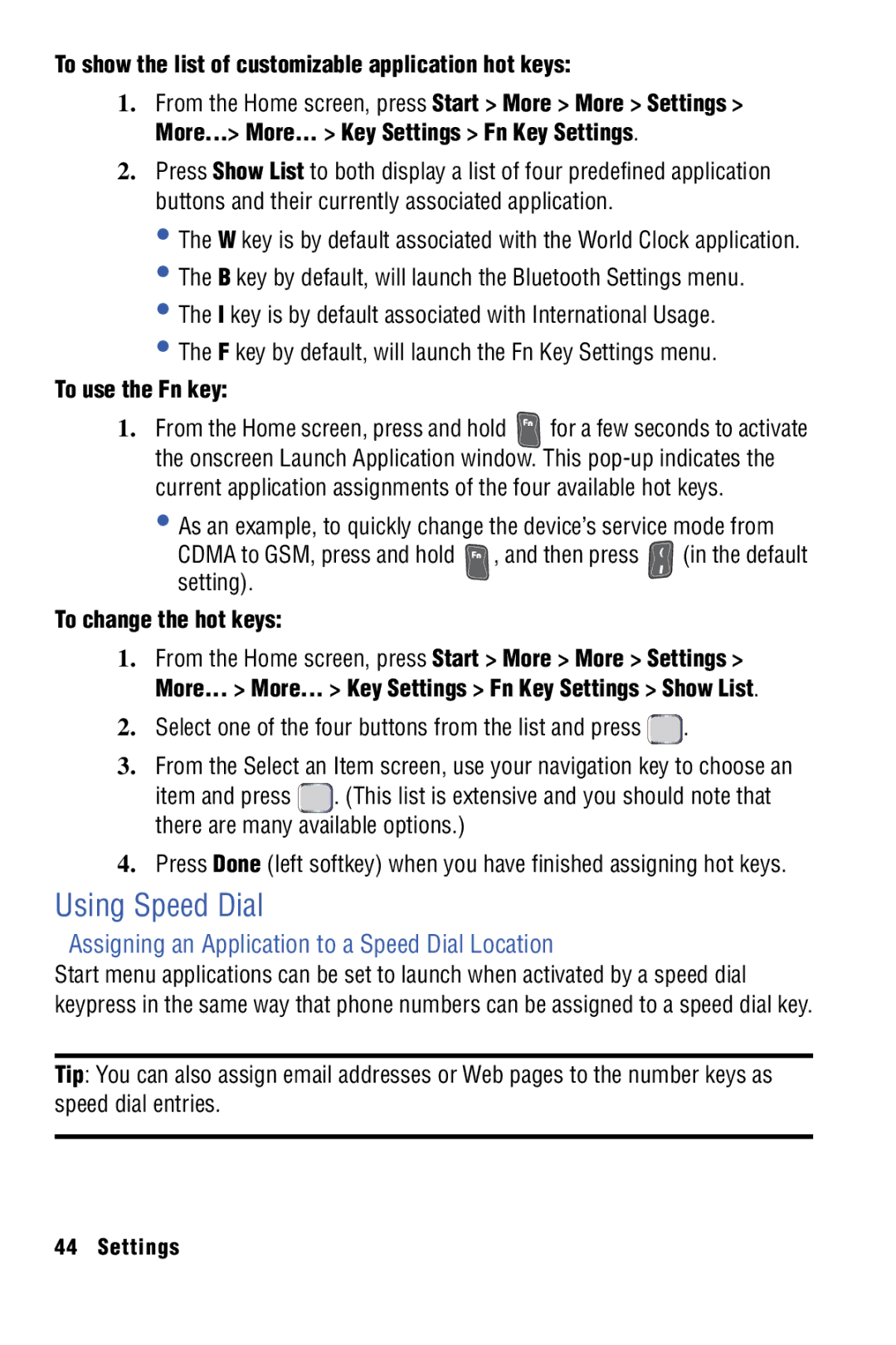 Samsung SPH-I325 manual Using Speed Dial, Assigning an Application to a Speed Dial Location, To use the Fn key 