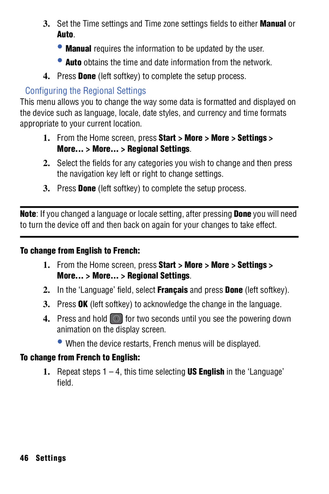 Samsung SPH-I325 manual Configuring the Regional Settings, To change from French to English 