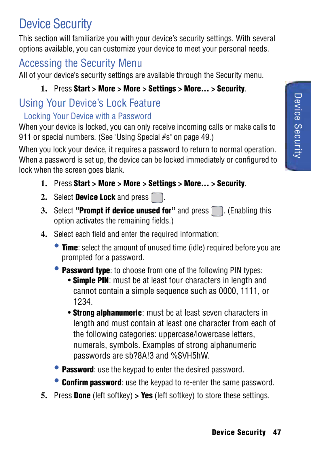 Samsung SPH-I325 manual Device Security, Accessing the Security Menu, Using Your Device’s Lock Feature 