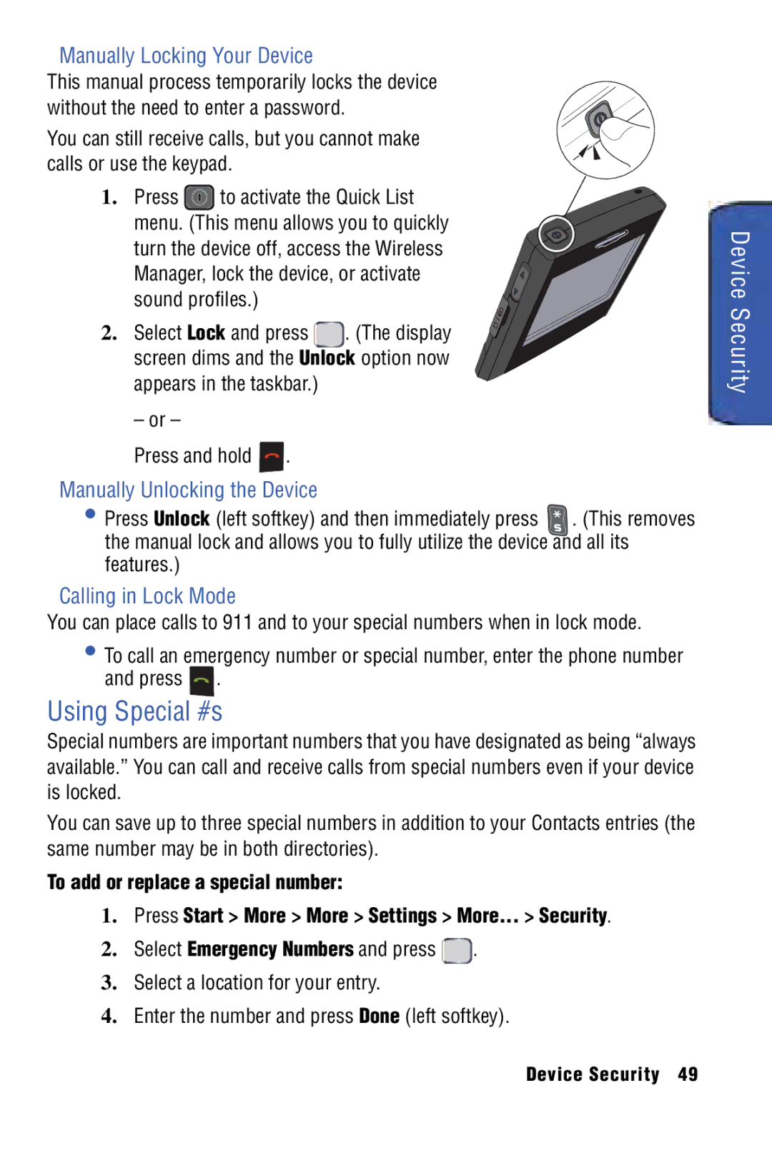 Samsung SPH-I325 manual Using Special #s, Manually Locking Your Device, Manually Unlocking the Device, Calling in Lock Mode 