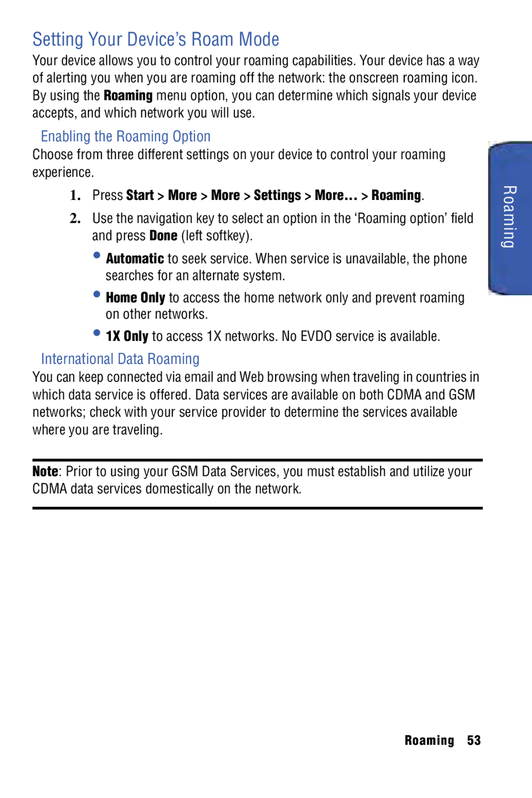 Samsung SPH-I325 manual Setting Your Device’s Roam Mode, Enabling the Roaming Option, International Data Roaming 