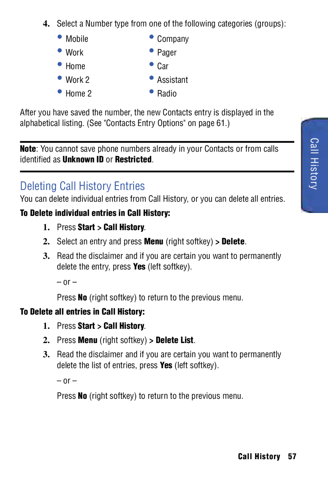 Samsung SPH-I325 Deleting Call History Entries, Work Pager Home Car, Home Radio, Press Menu right softkey Delete List 