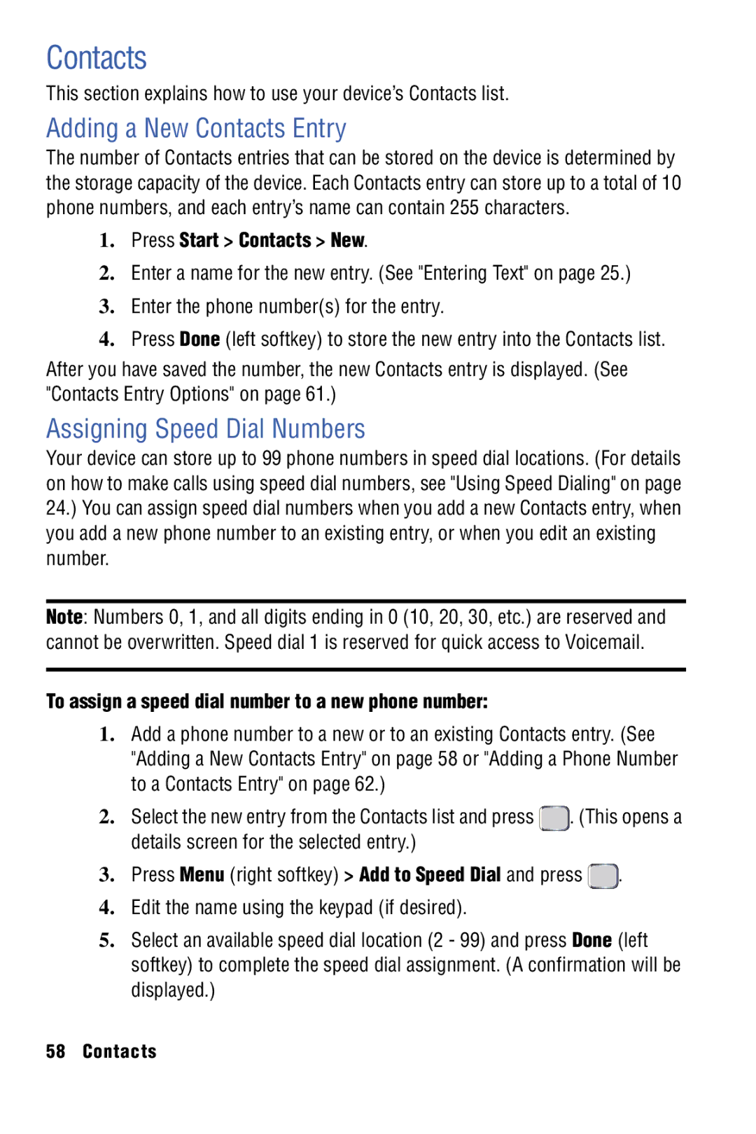 Samsung SPH-I325 manual Adding a New Contacts Entry, Assigning Speed Dial Numbers, Press Start Contacts New 