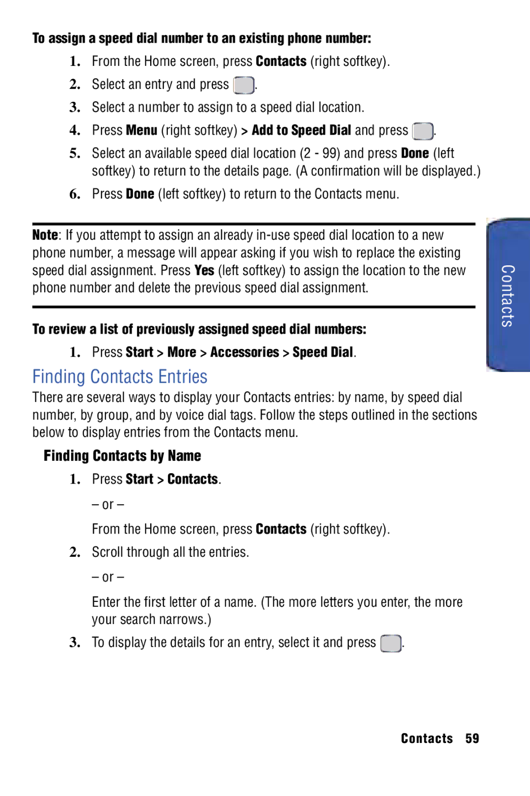 Samsung SPH-I325 manual Finding Contacts Entries, Finding Contacts by Name, Press Start Contacts 