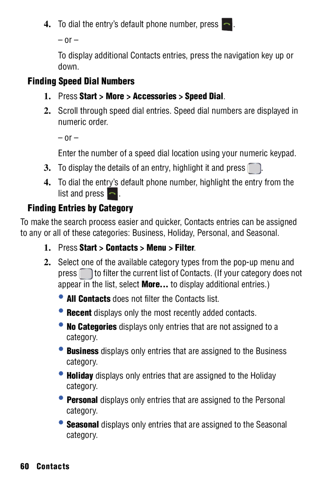 Samsung SPH-I325 Finding Speed Dial Numbers, Finding Entries by Category, List and press, Press Start Contacts Menu Filter 