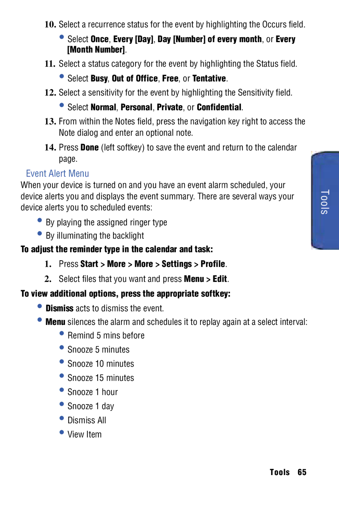 Samsung SPH-I325 manual Tools, Event Alert Menu, Select Busy, Out of Office, Free, or Tentative 