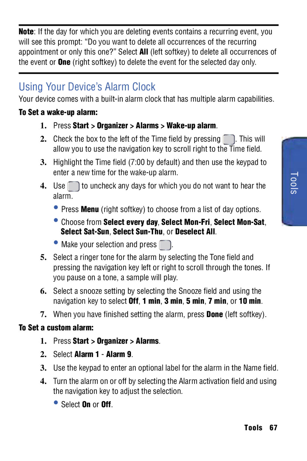 Samsung SPH-I325 manual Using Your Device’s Alarm Clock, Make your selection and press 