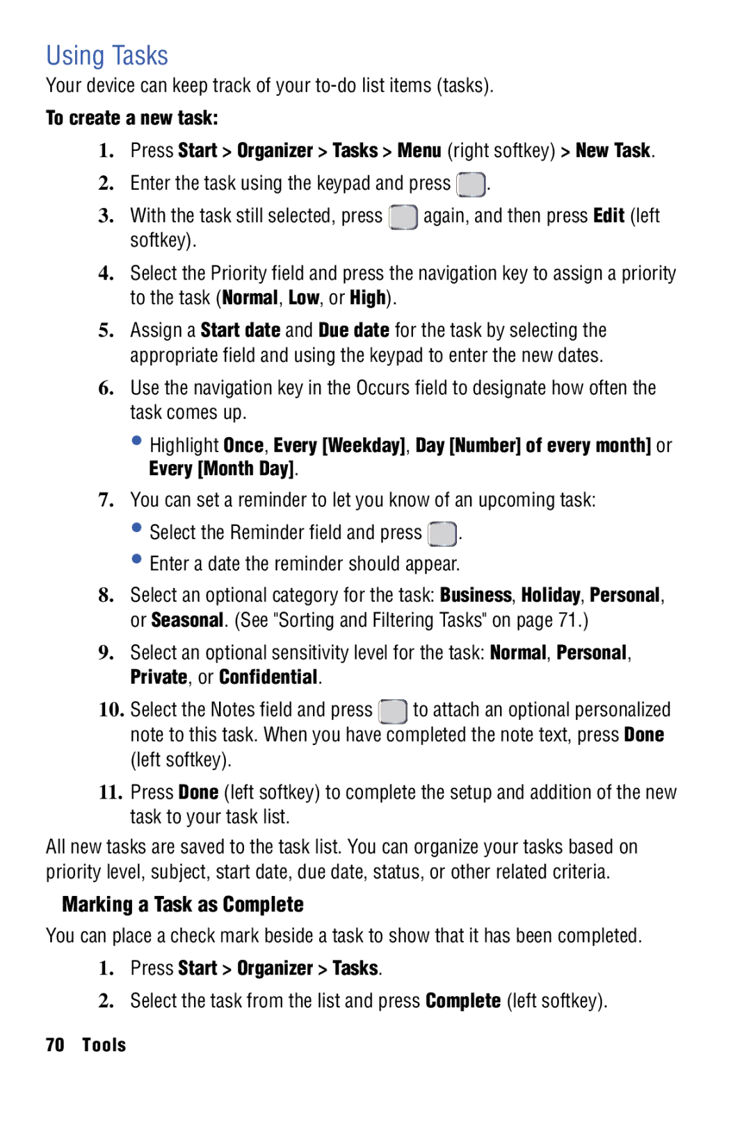 Samsung SPH-I325 manual Using Tasks, Marking a Task as Complete, Your device can keep track of your to-do list items tasks 