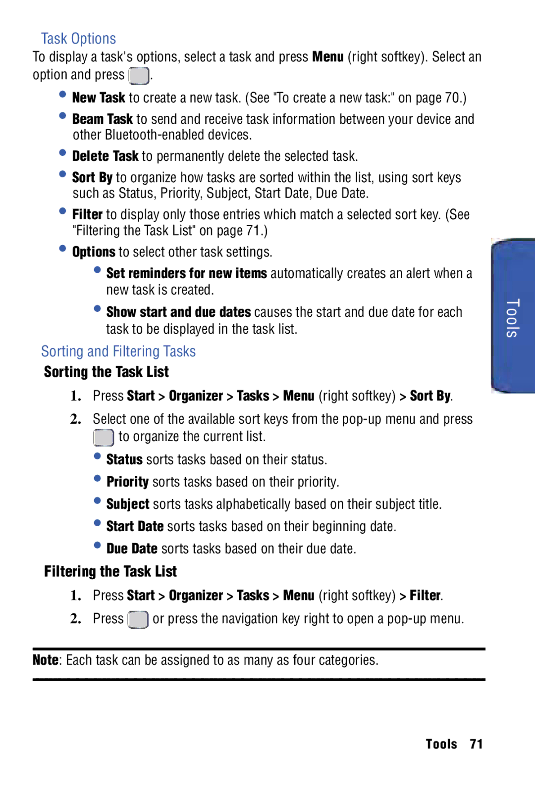 Samsung SPH-I325 manual Task Options, Sorting and Filtering Tasks, Sorting the Task List, Filtering the Task List 