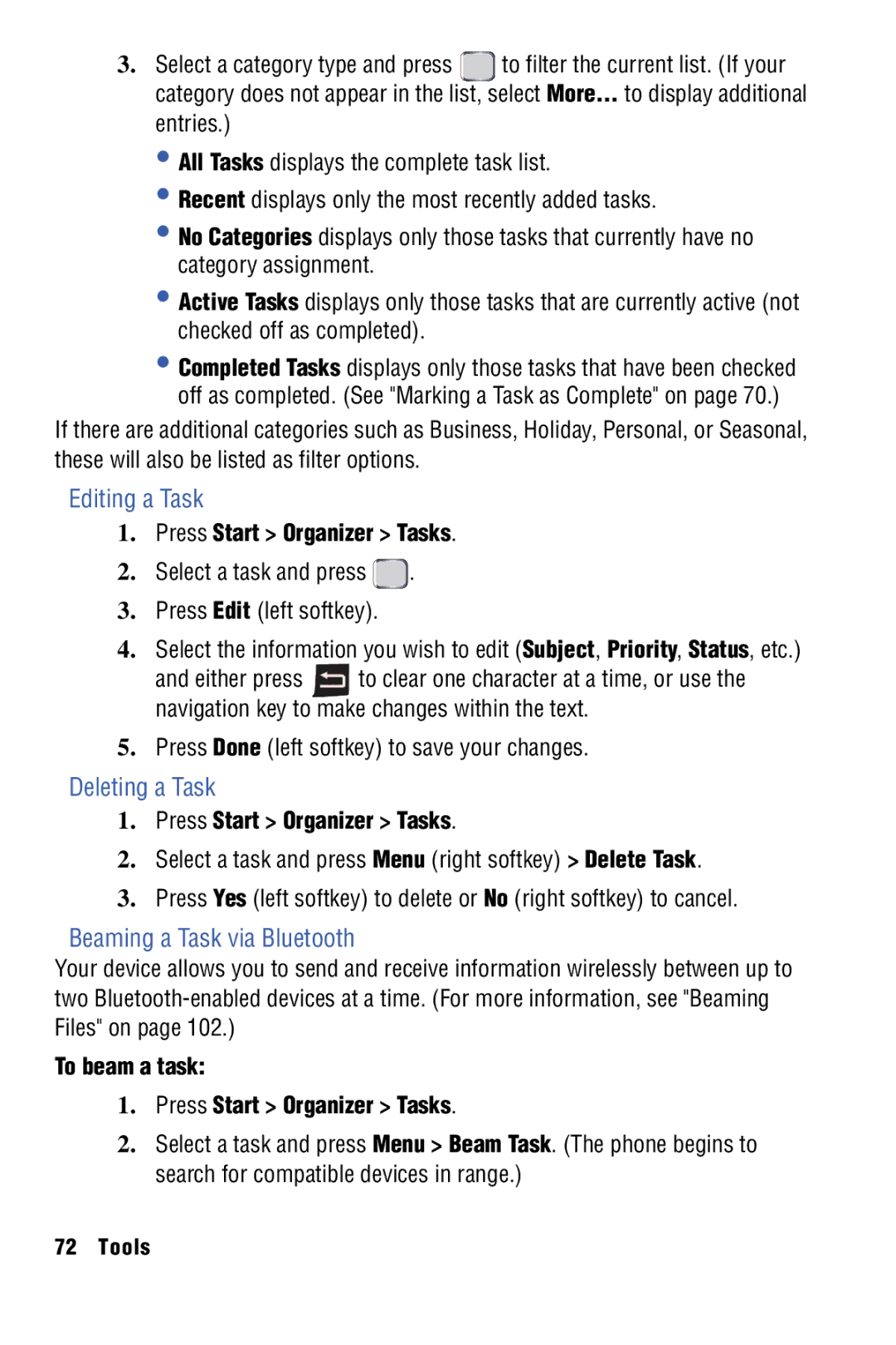 Samsung SPH-I325 Editing a Task, Deleting a Task, Beaming a Task via Bluetooth, To beam a task Press Start Organizer Tasks 