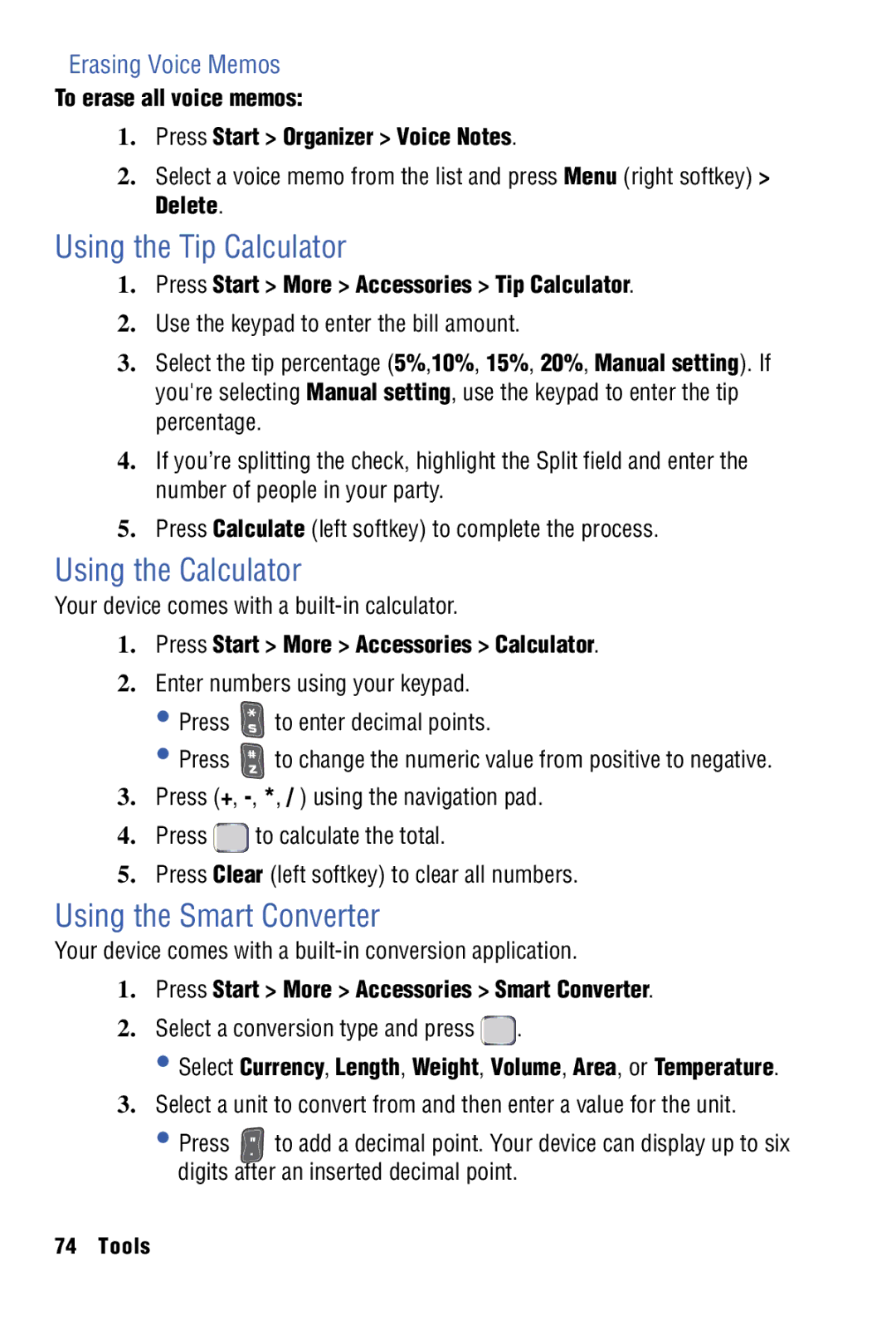 Samsung SPH-I325 manual Using the Tip Calculator, Using the Calculator, Using the Smart Converter, Erasing Voice Memos 