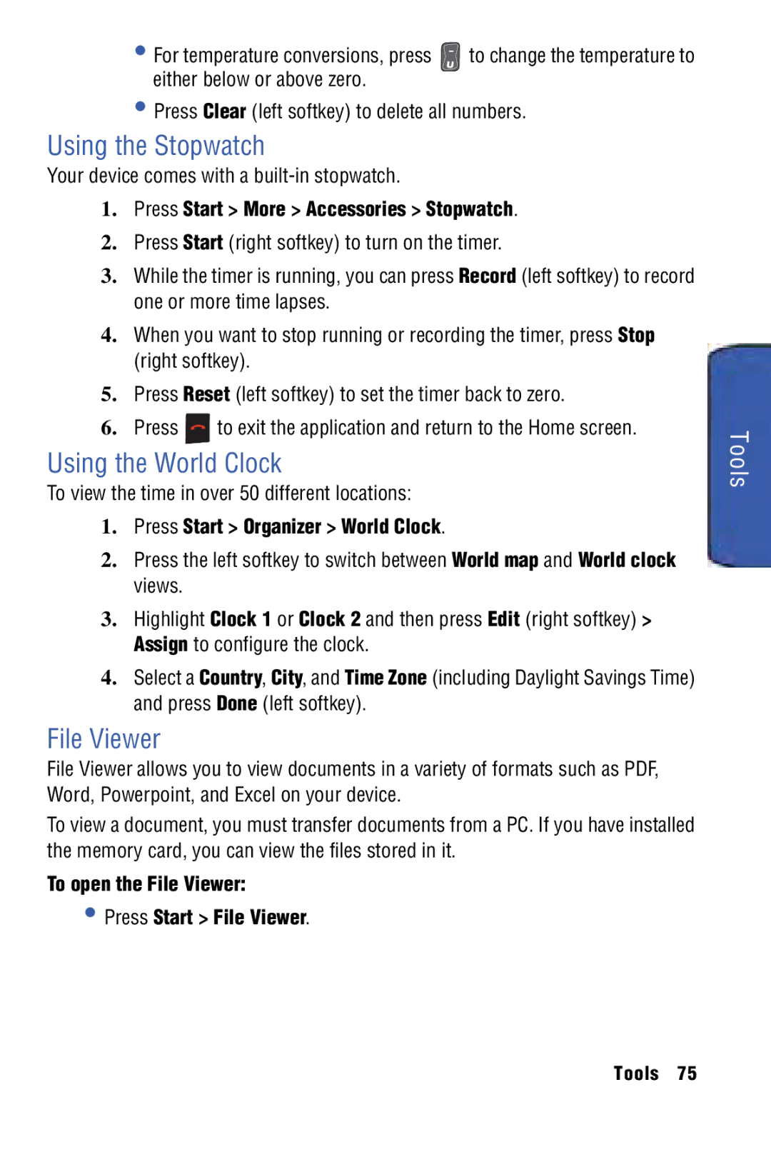 Samsung SPH-I325 manual Using the Stopwatch, Using the World Clock, File Viewer 