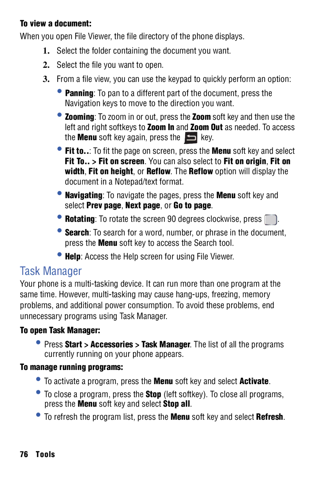 Samsung SPH-I325 manual Task Manager, To view a document, Menu soft key again, press the key 