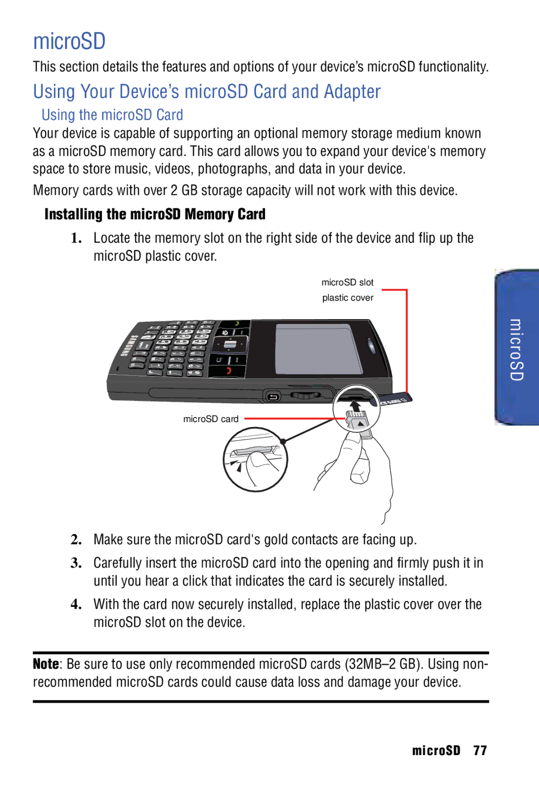 Samsung SPH-I325 manual MicroSD, Using Your Device’s microSD Card and Adapter, Using the microSD Card 