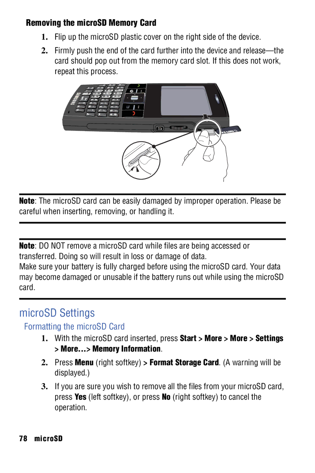 Samsung SPH-I325 manual MicroSD Settings, Removing the microSD Memory Card, Formatting the microSD Card 