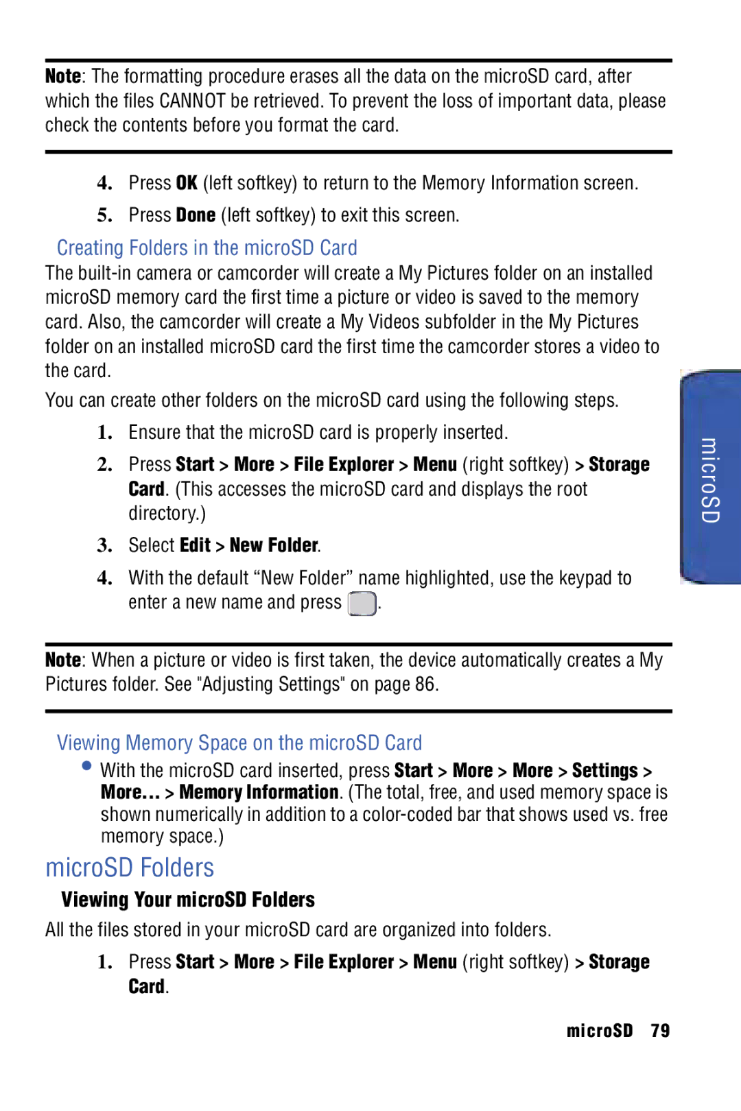 Samsung SPH-I325 manual MicroSD Folders, Creating Folders in the microSD Card, Viewing Memory Space on the microSD Card 