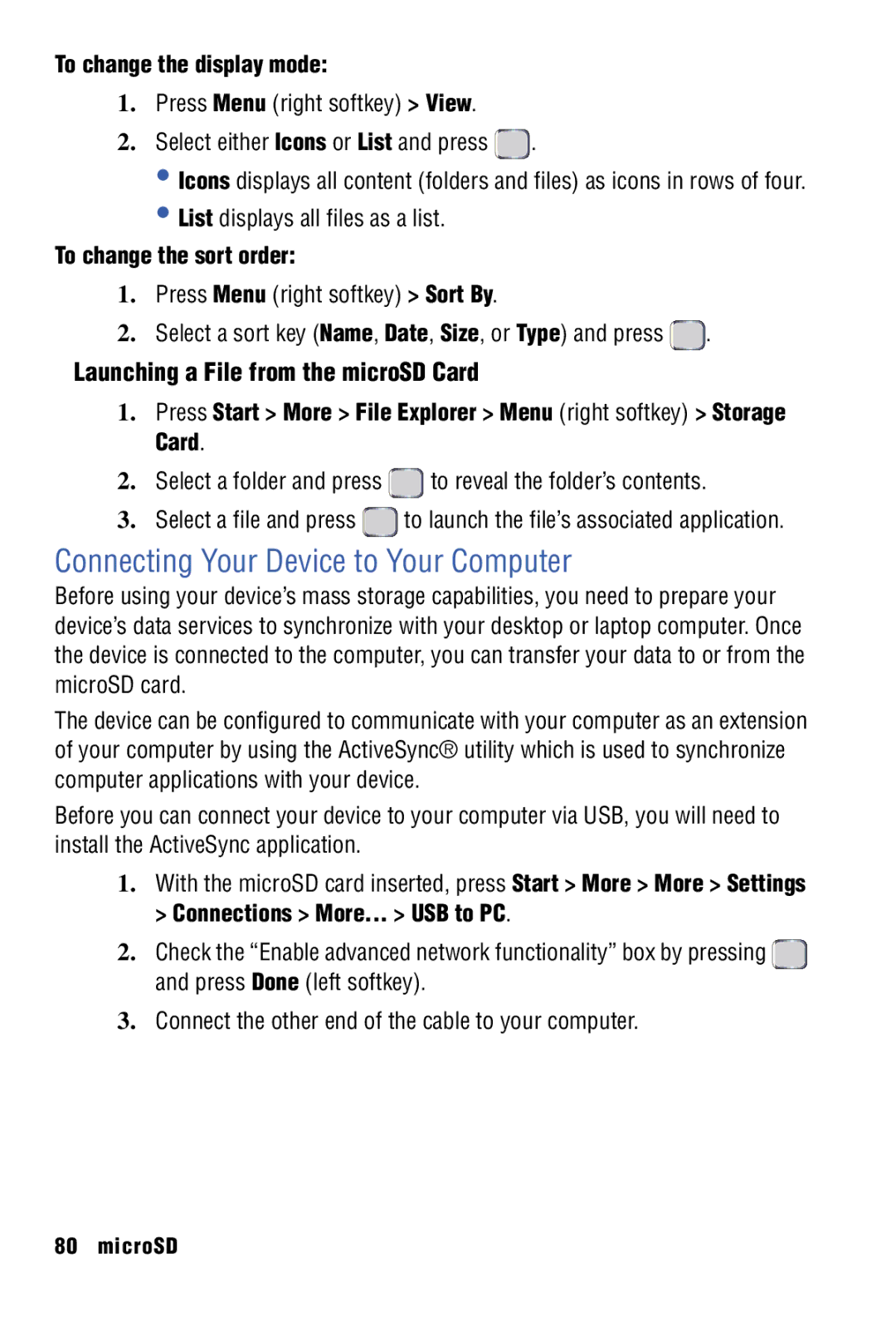 Samsung SPH-I325 Connecting Your Device to Your Computer, Launching a File from the microSD Card, To change the sort order 