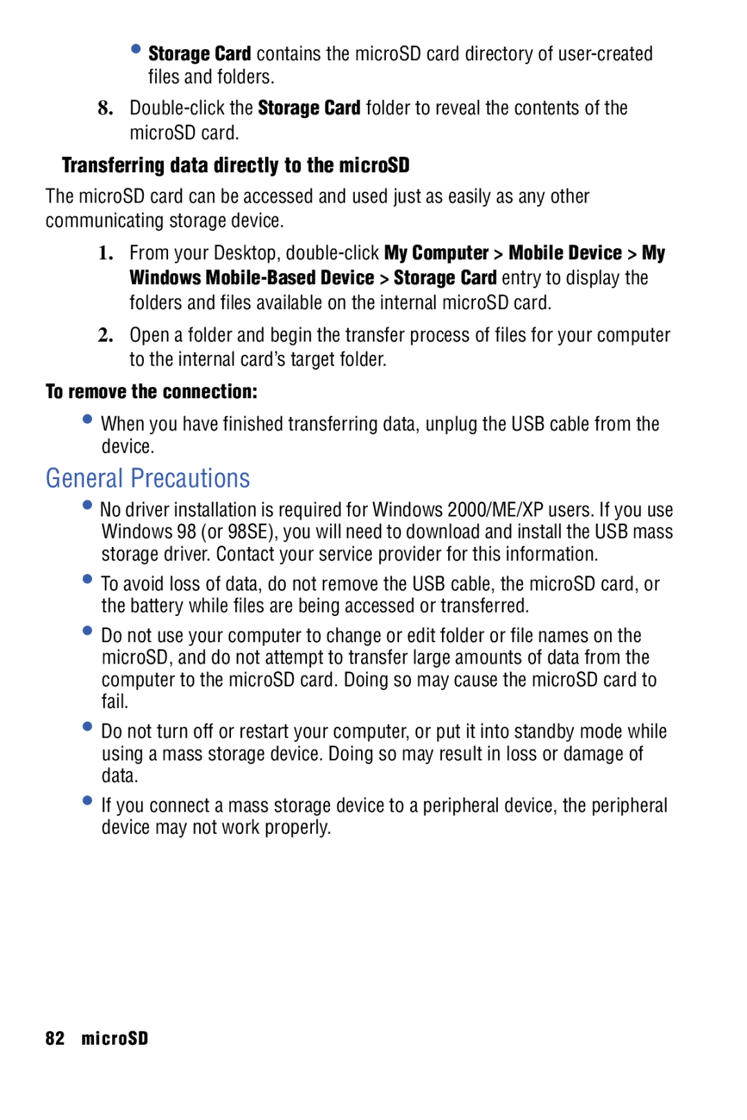 Samsung SPH-I325 manual General Precautions, Transferring data directly to the microSD, To remove the connection 