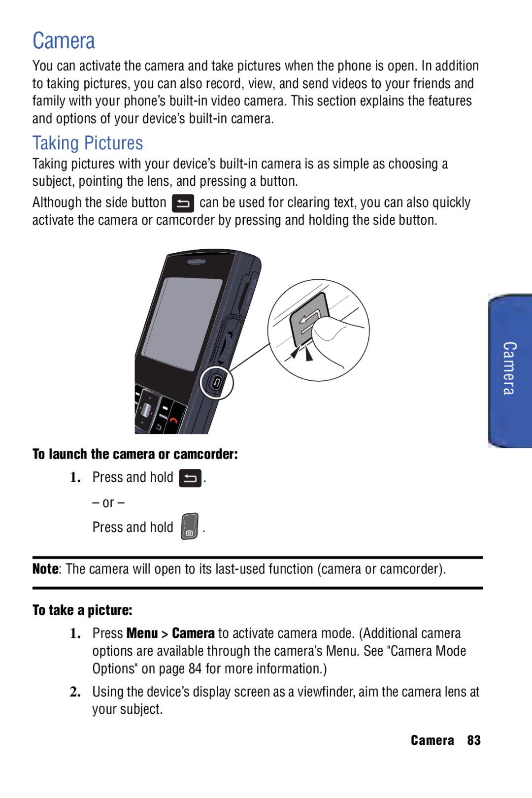 Samsung SPH-I325 manual Camera, Taking Pictures, To launch the camera or camcorder, To take a picture 