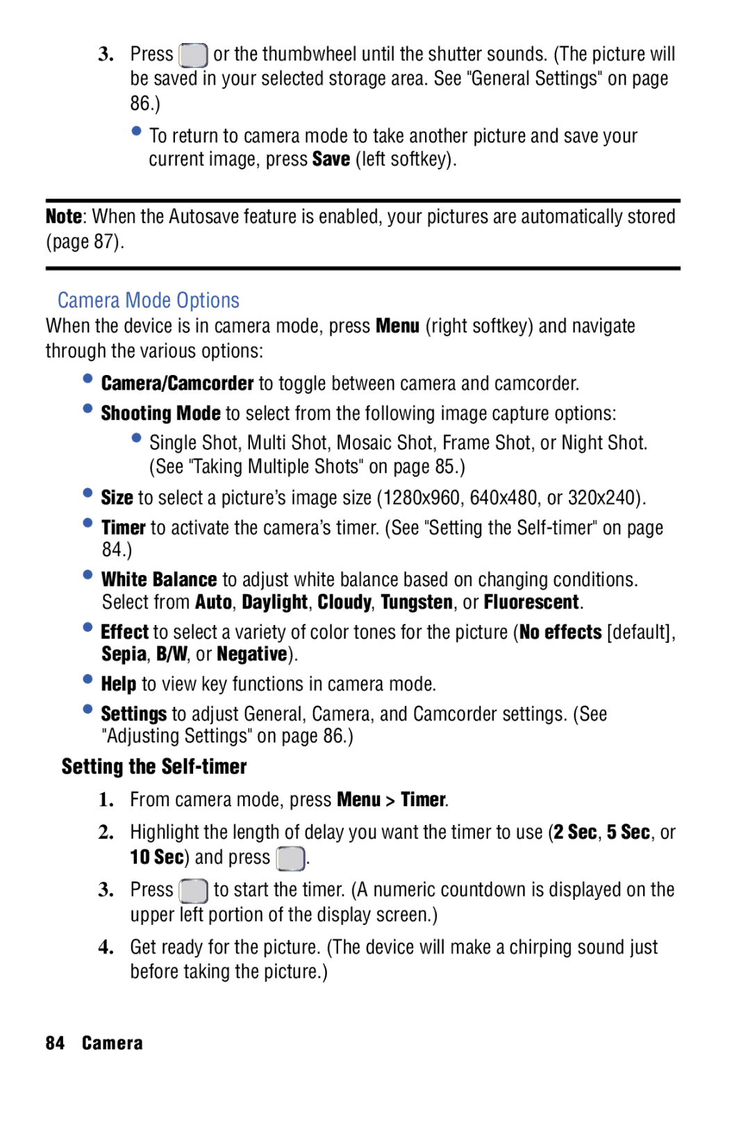 Samsung SPH-I325 manual Camera Mode Options, Setting the Self-timer, From camera mode, press Menu Timer 