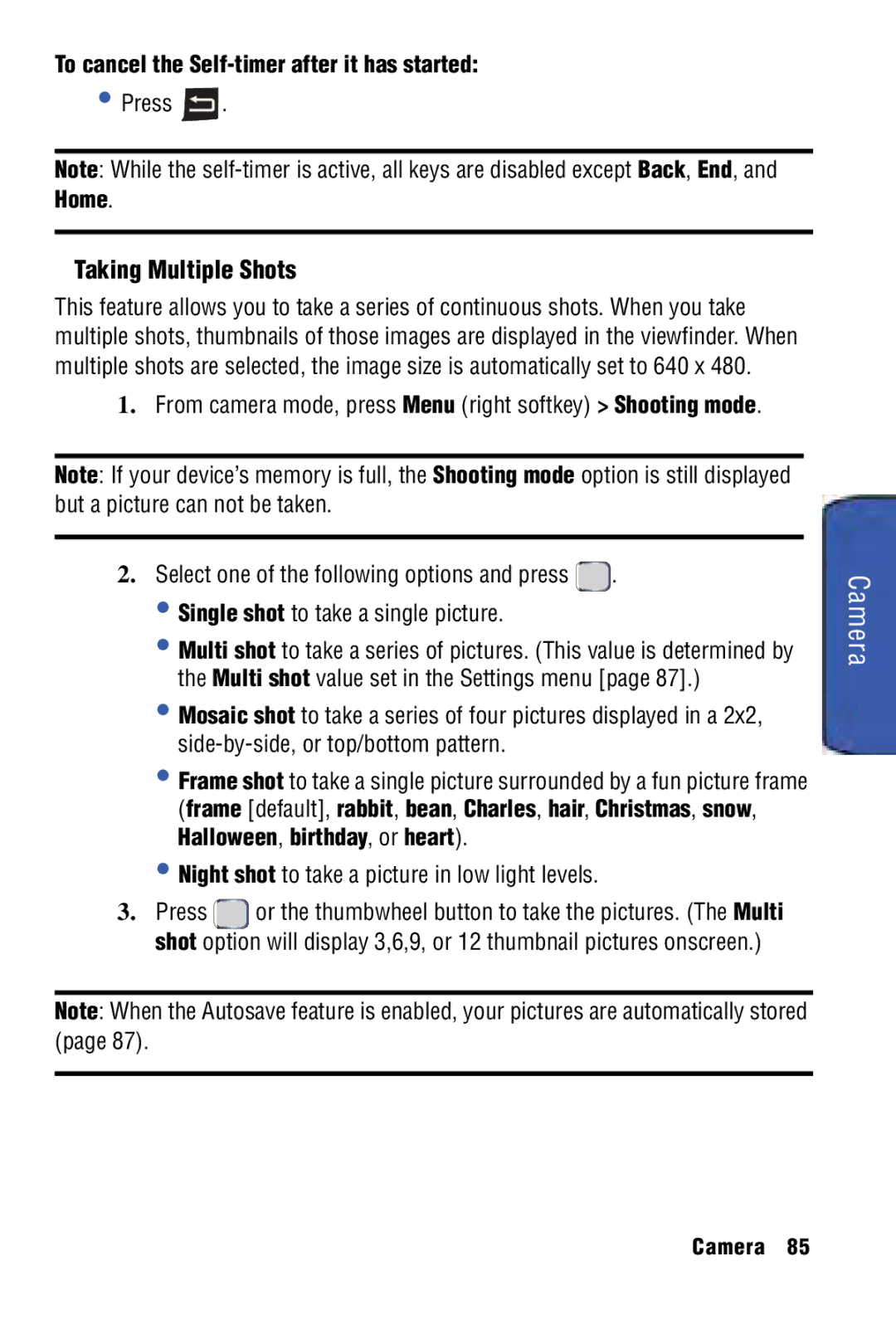 Samsung SPH-I325 manual Taking Multiple Shots, To cancel the Self-timer after it has started 