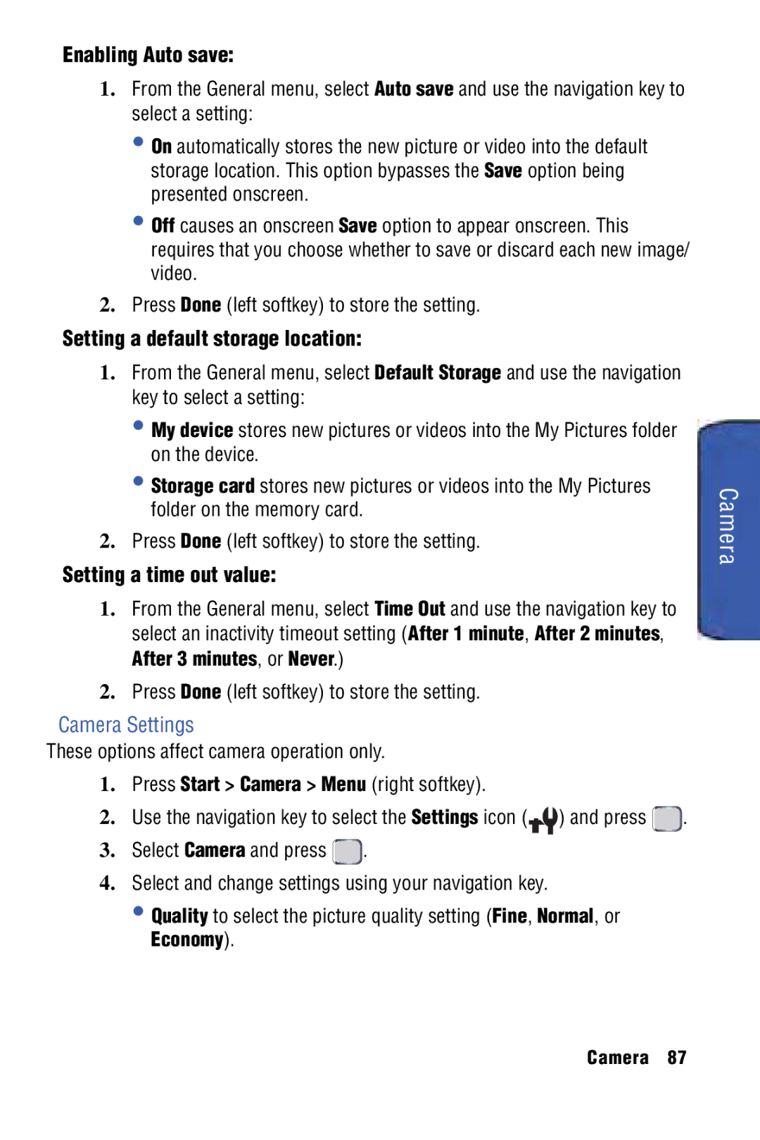 Samsung SPH-I325 manual Enabling Auto save, Setting a default storage location, Setting a time out value, Camera Settings 