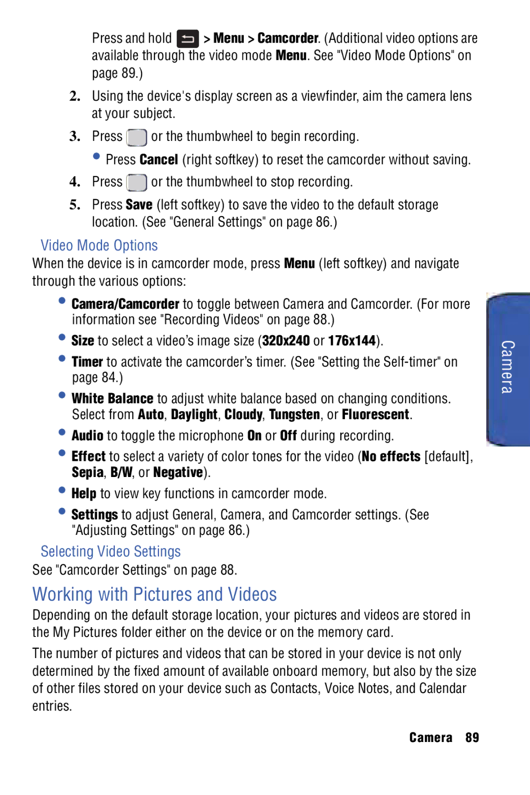 Samsung SPH-I325 Working with Pictures and Videos, Video Mode Options, Selecting Video Settings, See Camcorder Settings on 