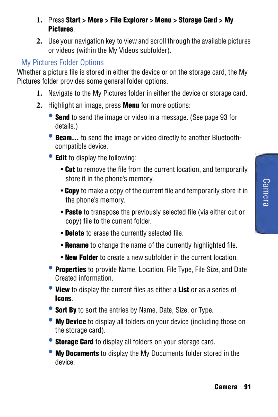 Samsung SPH-I325 manual My Pictures Folder Options, Press Start More File Explorer Menu Storage Card My Pictures 