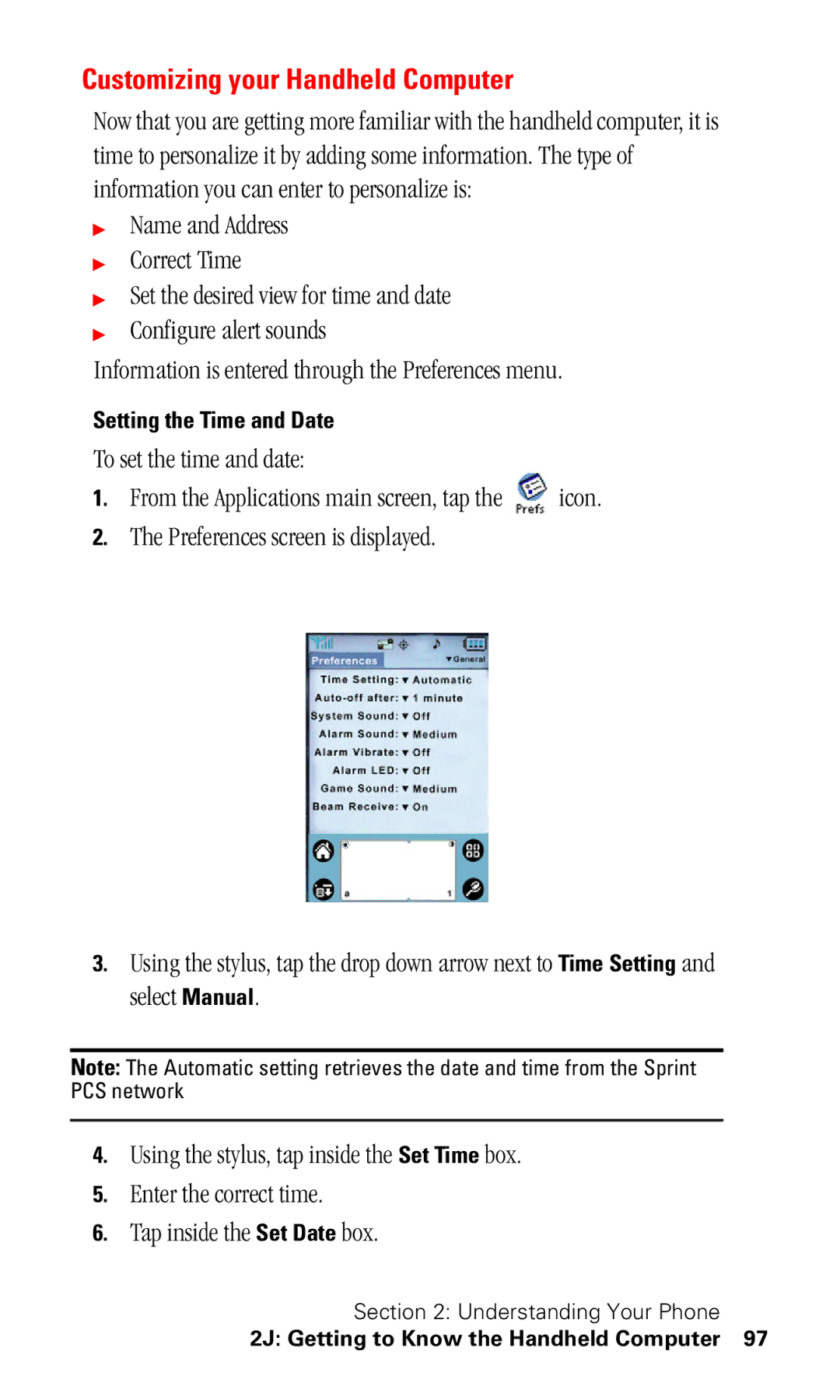 Samsung SPH-I330 manual Customizing your Handheld Computer, Setting the Time and Date 