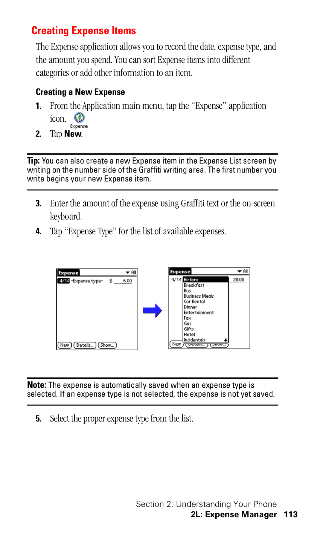 Samsung SPH-I330 manual Creating Expense Items, Creating a New Expense 