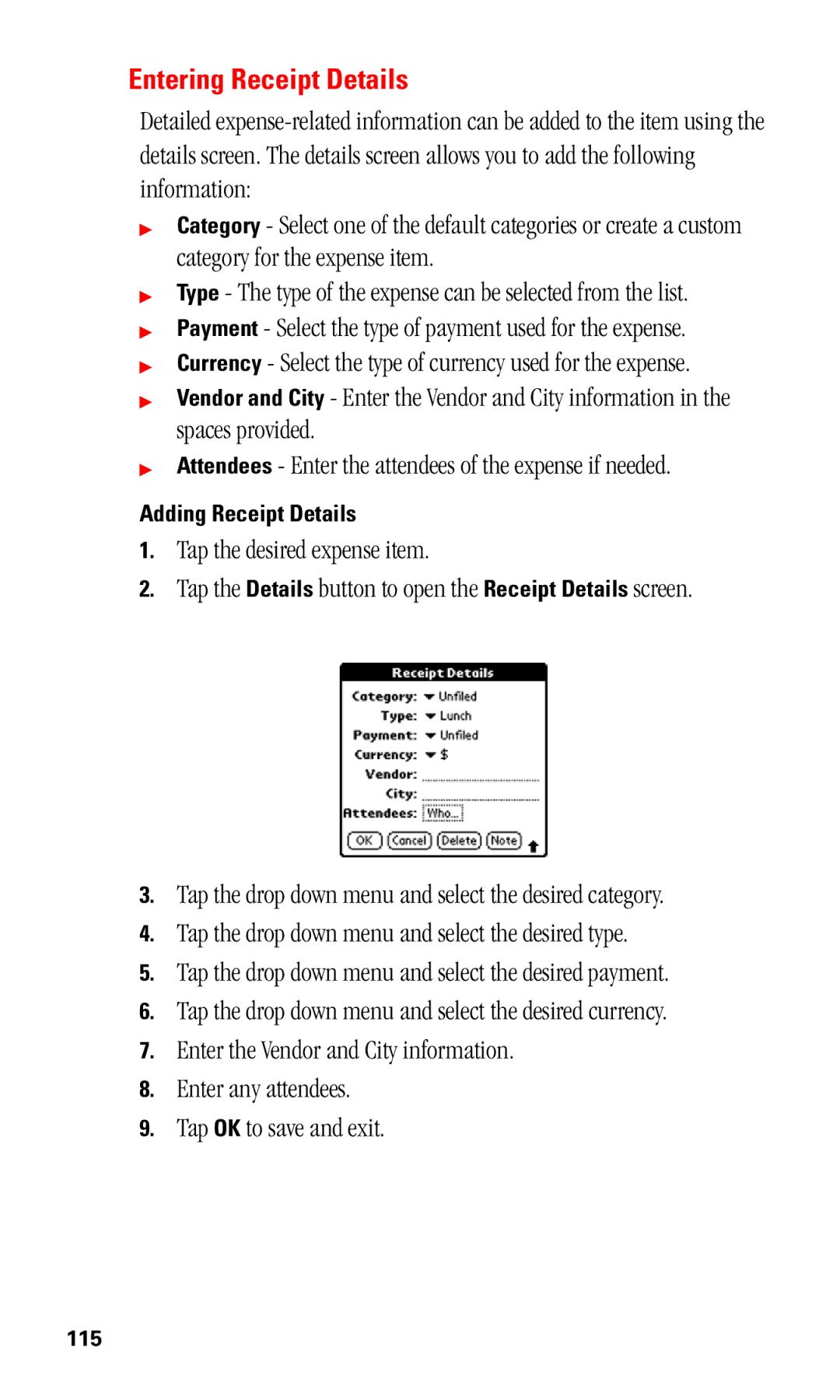 Samsung SPH-I330 manual Entering Receipt Details, Adding Receipt Details 