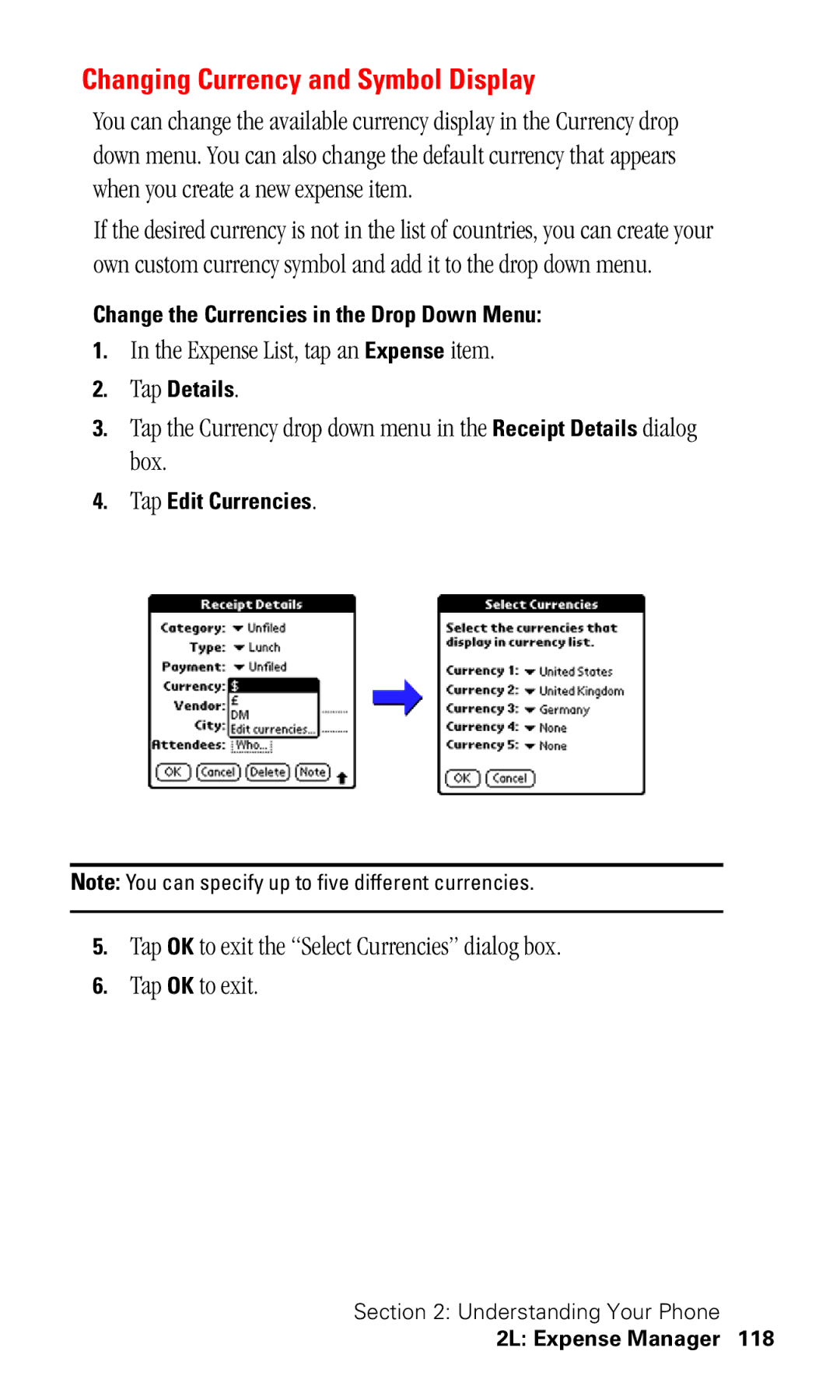 Samsung SPH-I330 manual Changing Currency and Symbol Display, Expense List, tap an Expense item, Tap Edit Currencies 