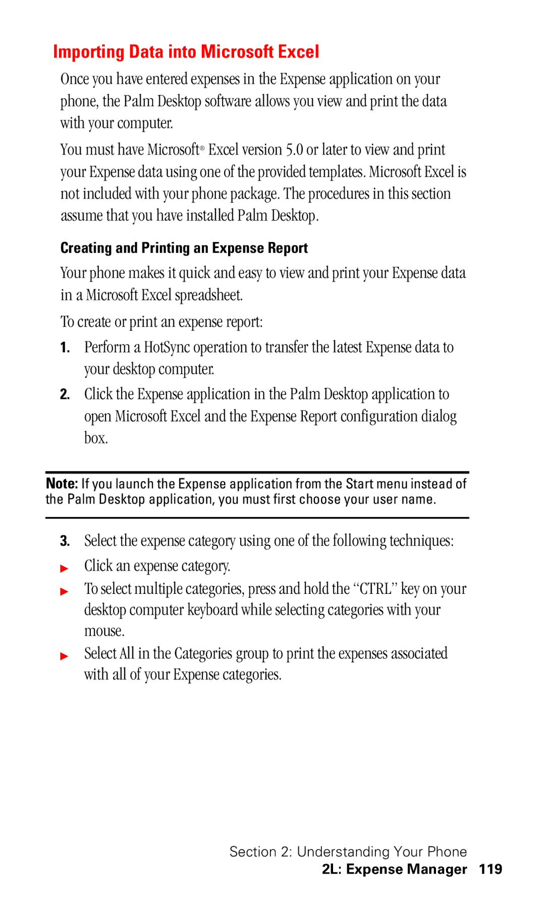 Samsung SPH-I330 manual Importing Data into Microsoft Excel, Creating and Printing an Expense Report 