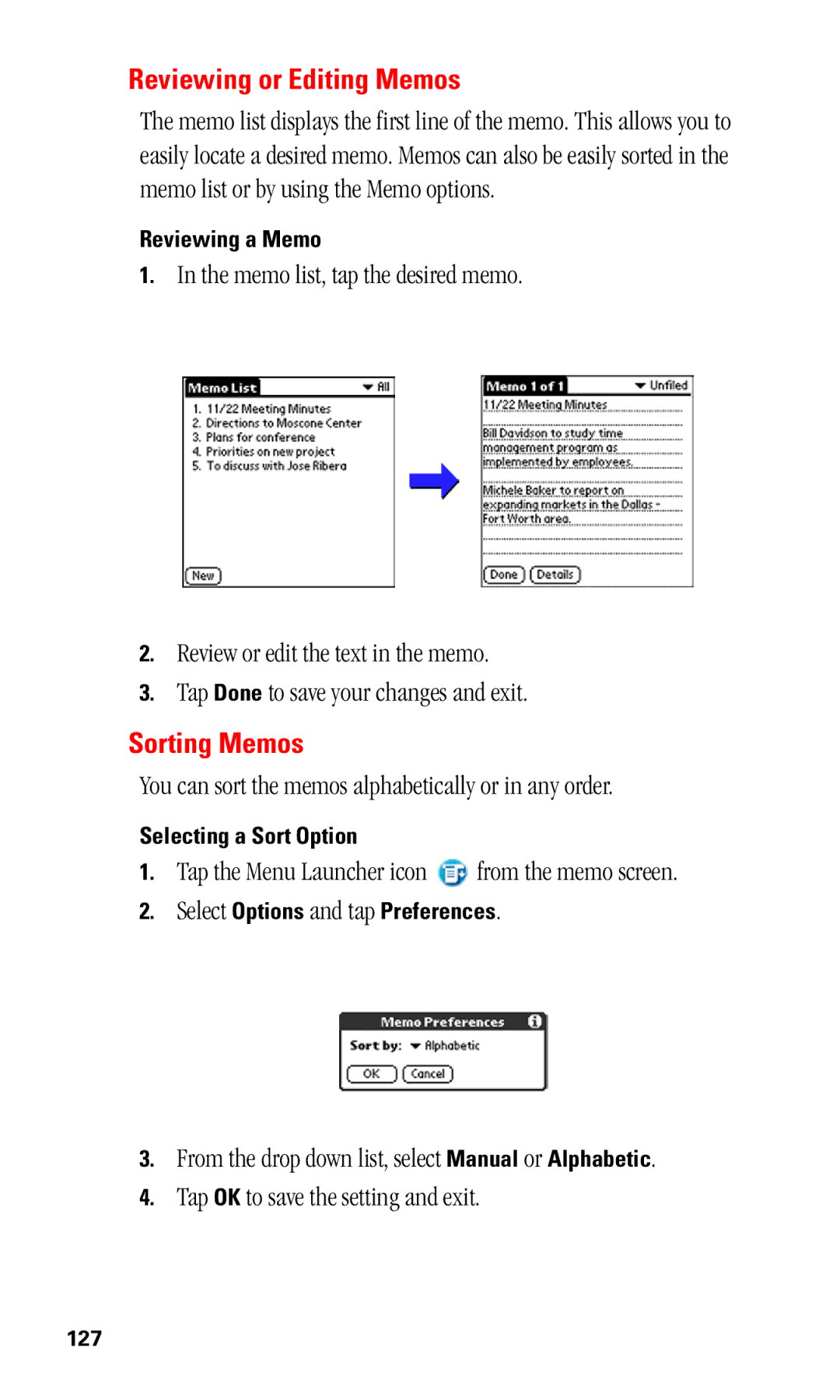 Samsung SPH-I330 manual Reviewing or Editing Memos, Sorting Memos, You can sort the memos alphabetically or in any order 