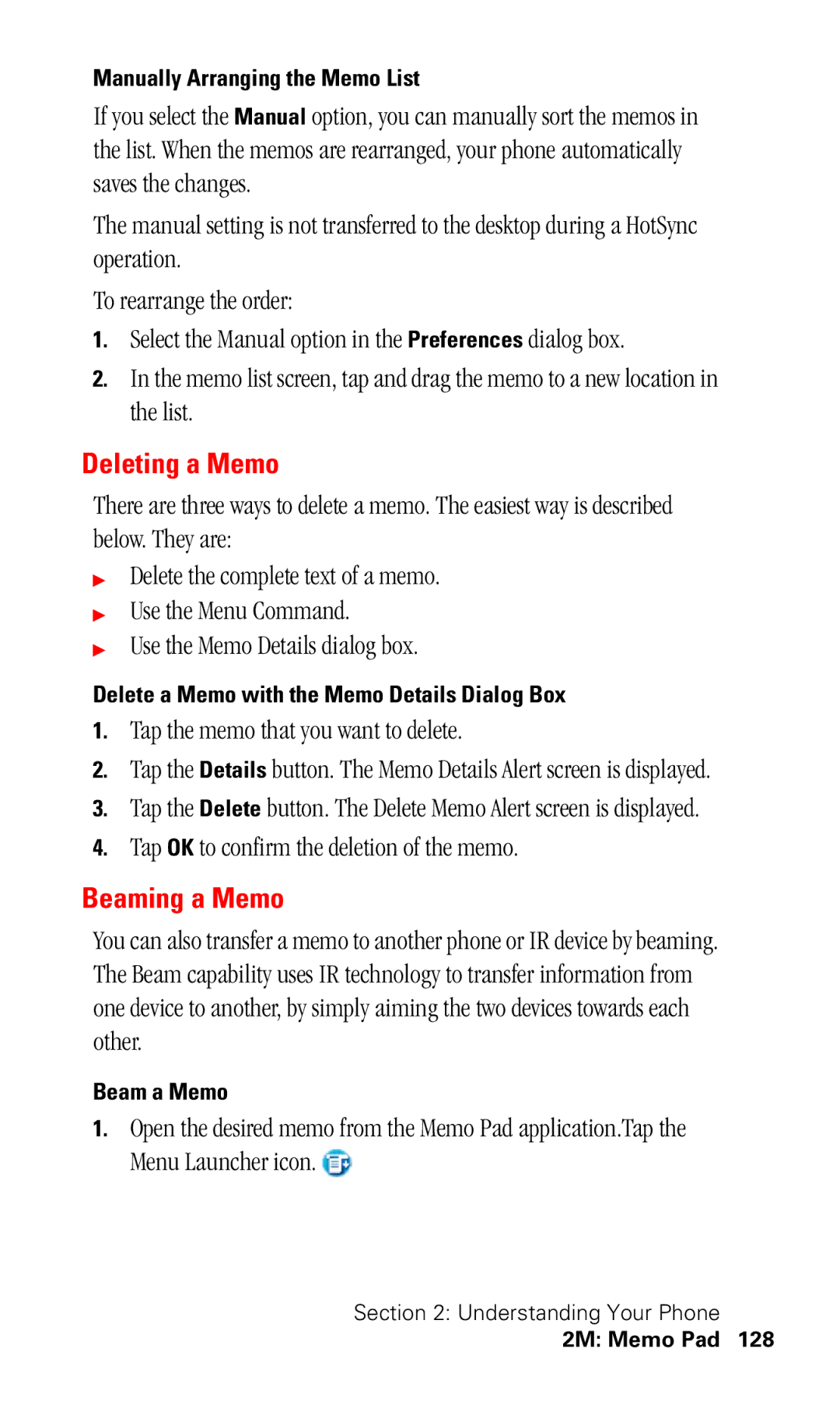 Samsung SPH-I330 manual Deleting a Memo, Beaming a Memo, Tap the memo that you want to delete 