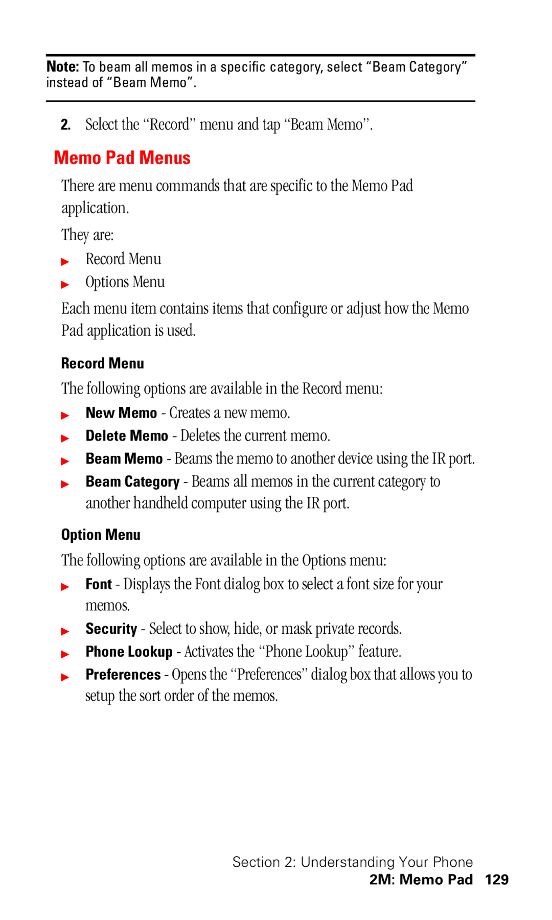 Samsung SPH-I330 manual Memo Pad Menus, Select the Record menu and tap Beam Memo, Option Menu 