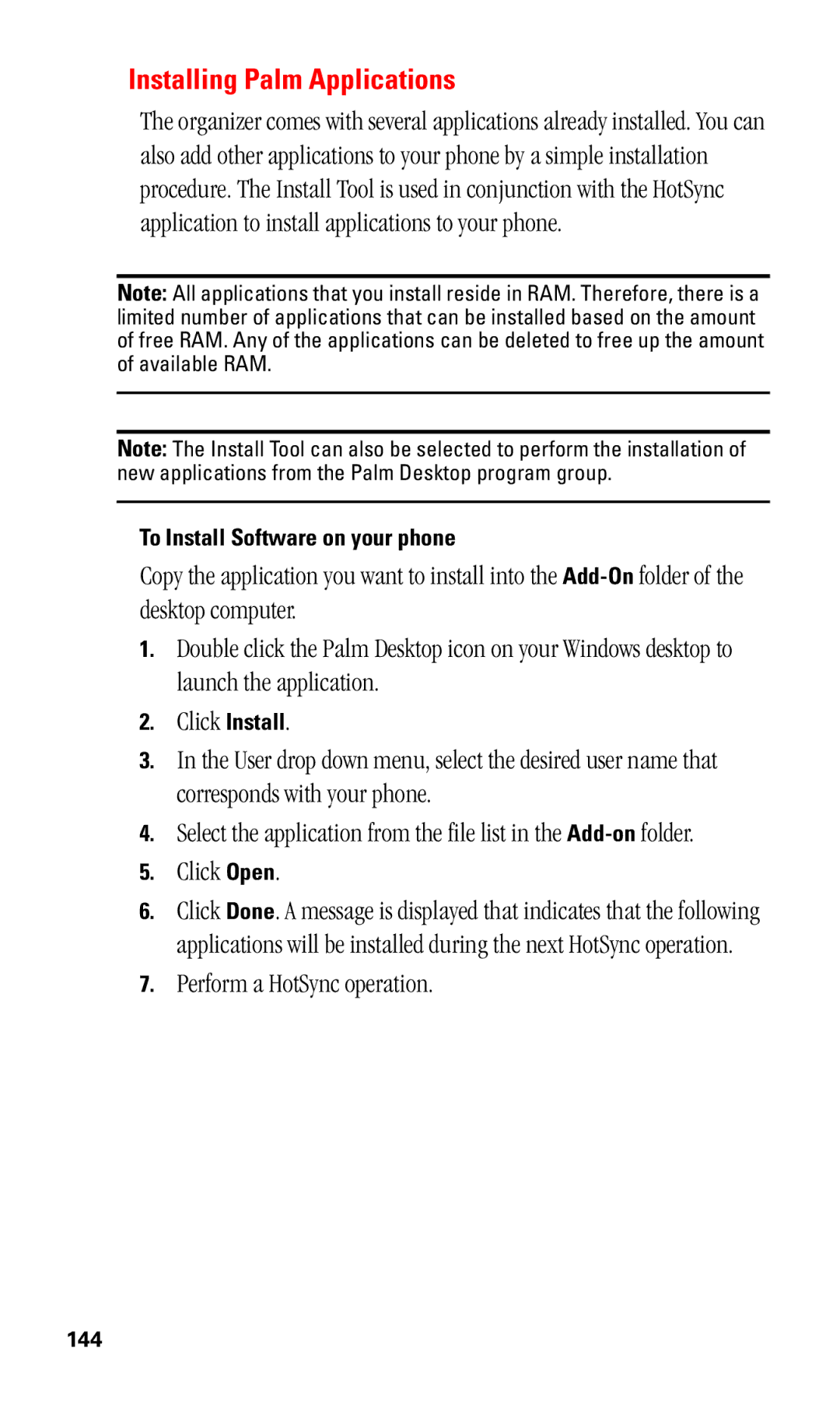 Samsung SPH-I330 manual Installing Palm Applications, Perform a HotSync operation, To Install Software on your phone 