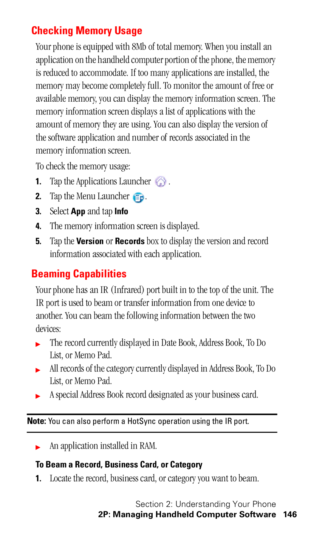 Samsung SPH-I330 manual Checking Memory Usage, Beaming Capabilities, To Beam a Record, Business Card, or Category 