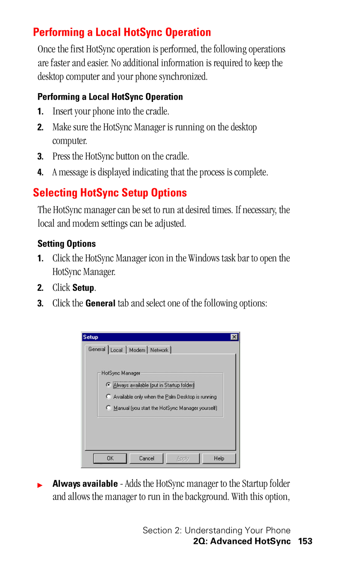 Samsung SPH-I330 manual Performing a Local HotSync Operation, Selecting HotSync Setup Options, Setting Options 